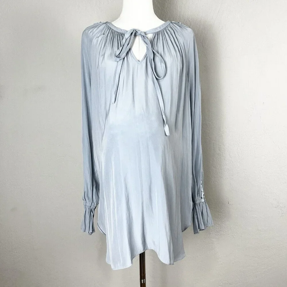 Ramy Brook‎ Maternity Blouse Peasant Cut Out Grommet Long Sleeve Pale Blue Small